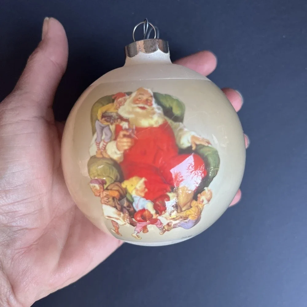 Vintage Santa Claus Glass Ornaments Set of 4 Double Sided Coca Cola Style W/Box